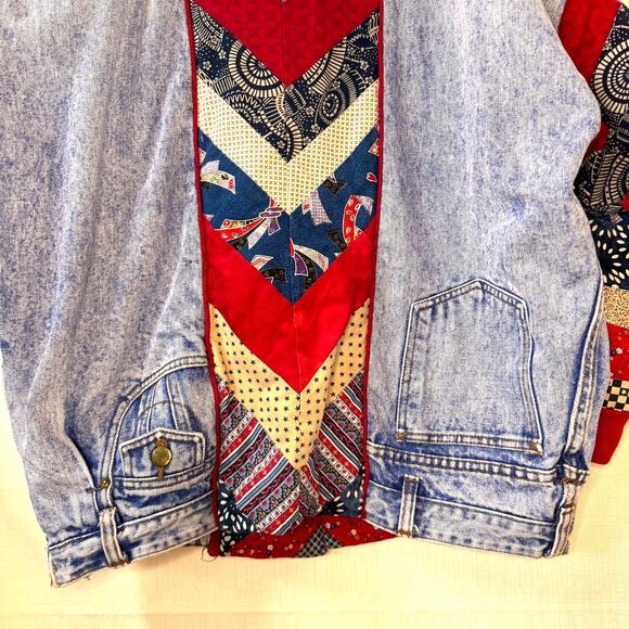 Upcycled Patchwork Denim Jacket Women L Quilted Retro Cotton Ecclectic Boho OOAK - Picture 10 of 16